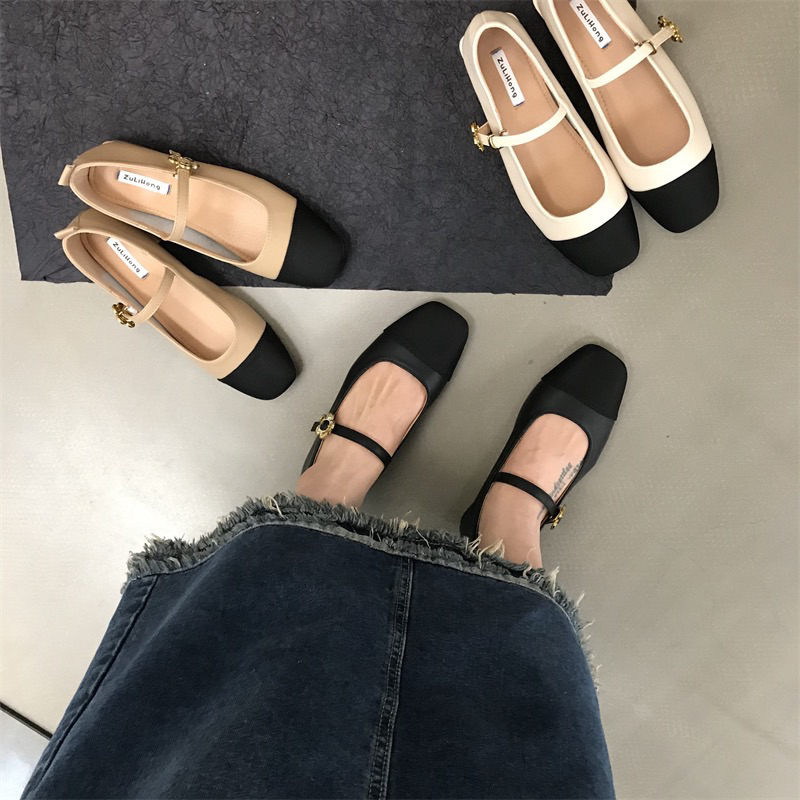 Giày Lolita búp bê mũi vuông Mary Jane có quai mảnh đế thấp phối màu tiểu thư Yannie