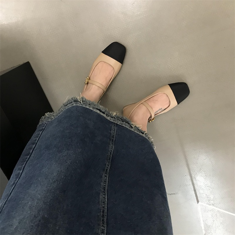 Giày Lolita búp bê mũi vuông Mary Jane có quai mảnh đế thấp phối màu tiểu thư Yannie