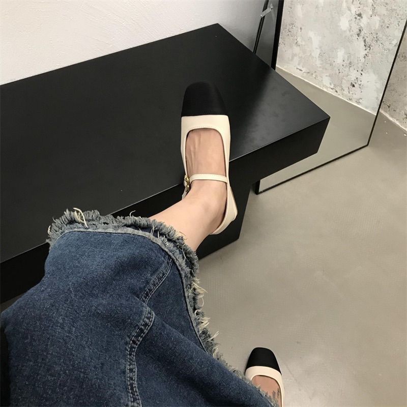 Giày Lolita búp bê mũi vuông Mary Jane có quai mảnh đế thấp phối màu tiểu thư Yannie