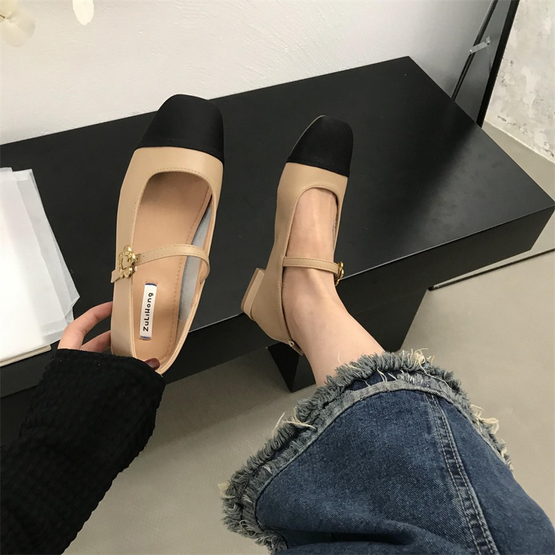 Giày Lolita búp bê mũi vuông Mary Jane có quai mảnh đế thấp phối màu tiểu thư Yannie