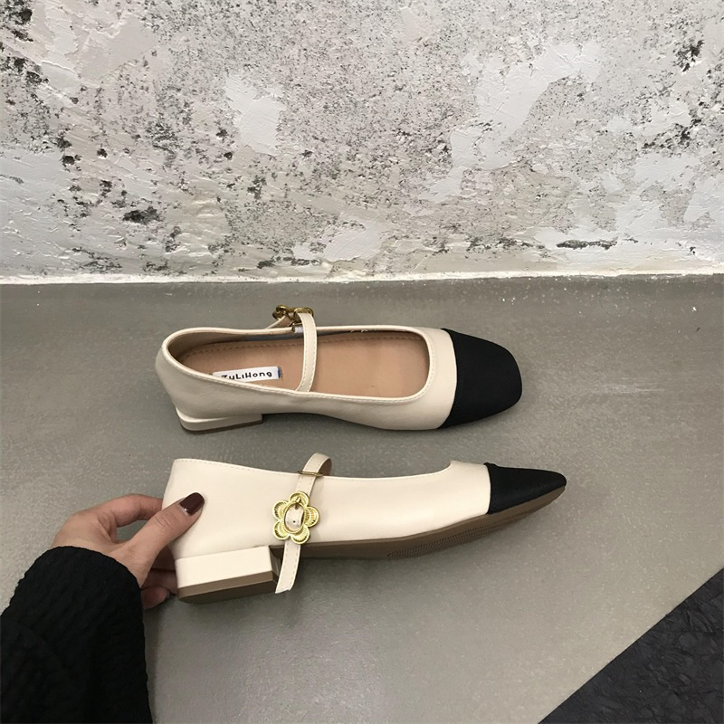 Giày Lolita búp bê mũi vuông Mary Jane có quai mảnh đế thấp phối màu tiểu thư Yannie