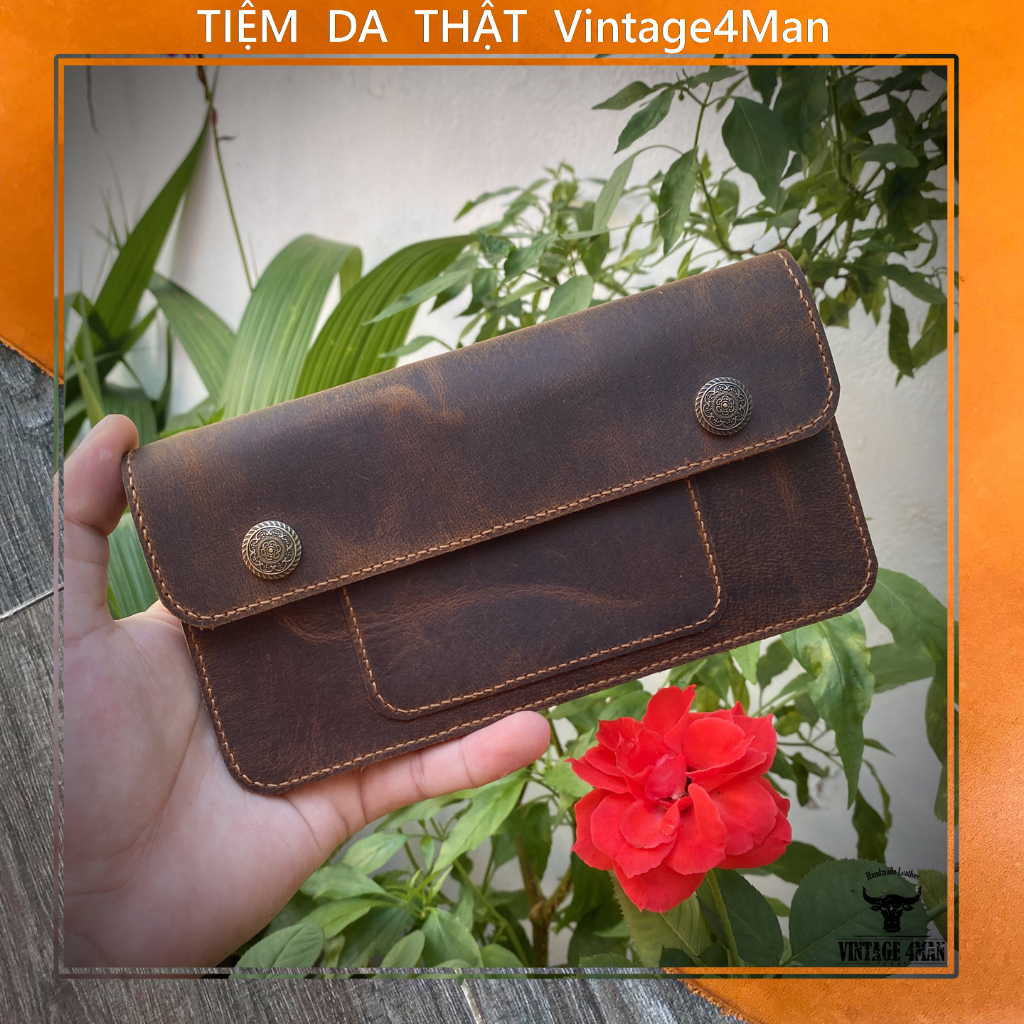 Ví Ngang Vintage Da Bò Sáp Ngựa Điên Handmade Wallet