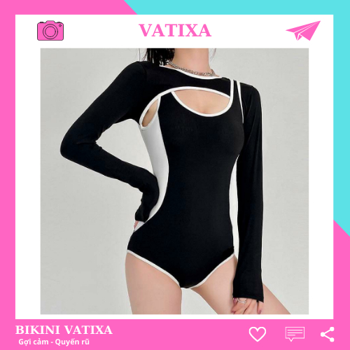 Bikini đồ bơi 1 mảnh 2 món liền thân phối trắng hai dây kèm áo lững tay ngắn, tay dài VATIXA BKN127