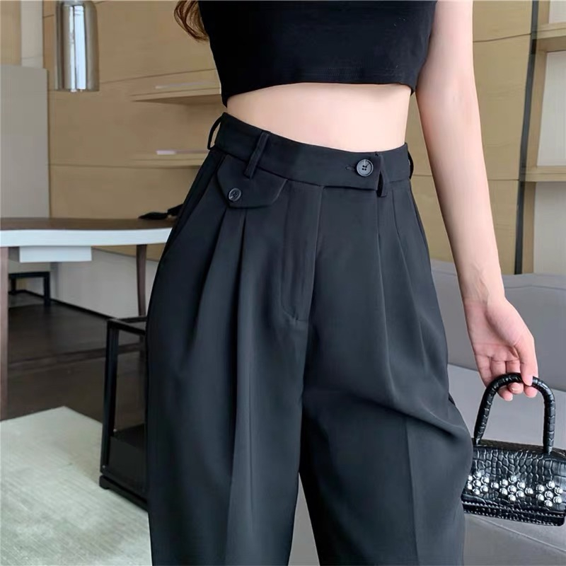 Quần tây nữ ống rộng dài 100cm lưng cao cạp lệch túi nắp trước kèm khuy độc lạ mẫu hót cho mùa hè