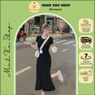 Đầm Maxi Xẻ Tà Dáng Suông Dài Màu Đen Huyền Bí thun gân hè cộc tay dáng dài xẻ gấu - Minhthushop1981