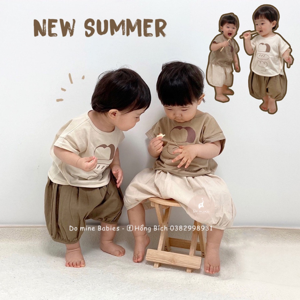 Set bộ quần áo cho bé gái bé trai dáng ống rộng kèm phong hoạ tiết bánh mỳ phong cách Hàn quốc màu siêu xinh