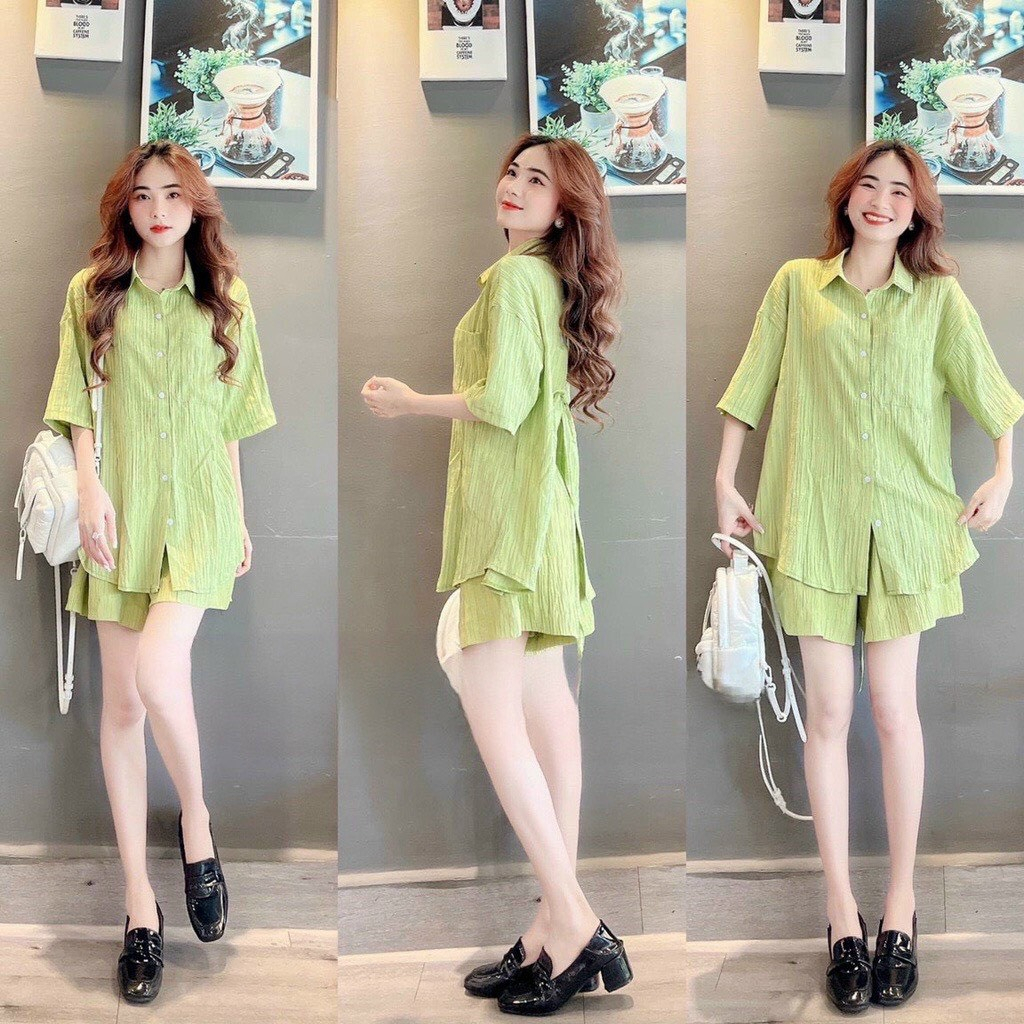 Set Sơ Mi Đũi Sóng Nhăn, Bộ Đũi Xốp Dây Buộc Sau Lưng, Có Xẻ Tà Cực Cuốn Hút