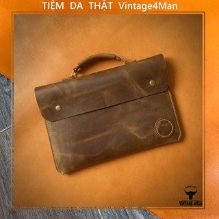Cặp Laptop, Tệp A4 Da Bò Phong Cách Vintage Nhỏ Gọn/ túi da đựng máy tính handmade vintage BG16