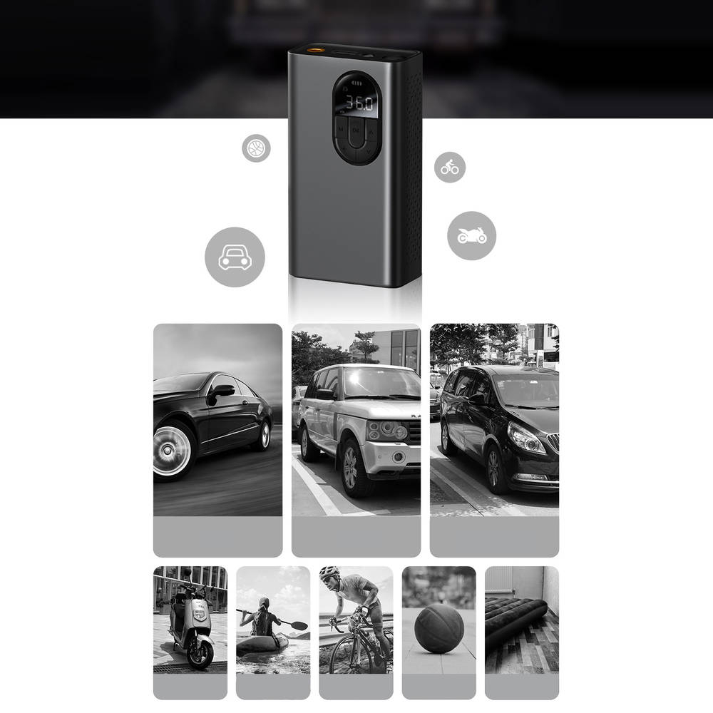 Máy bơm lốp ô tô xe máy Baseus mini dùng pin 2500mAh 54W màu đen dùng được xe máy bóng đá