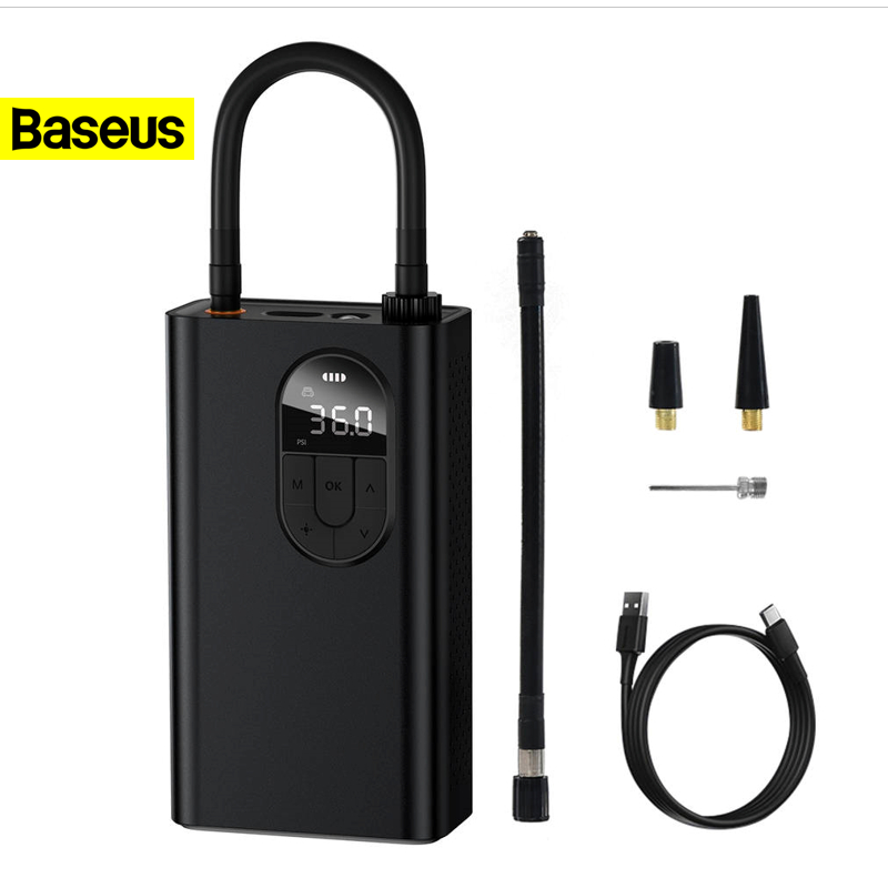 Máy bơm lốp ô tô xe máy Baseus mini dùng pin 2500mAh 54W màu đen dùng được xe máy bóng đá