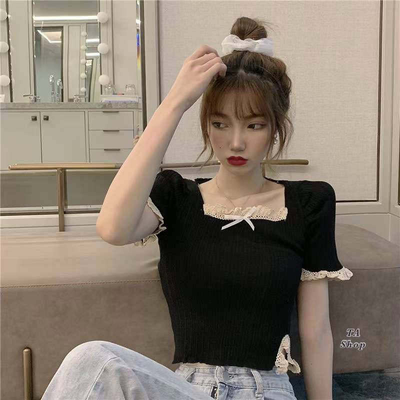 Áo Len Cổ Vuông Viền Ren Nơ Mã ĐL36