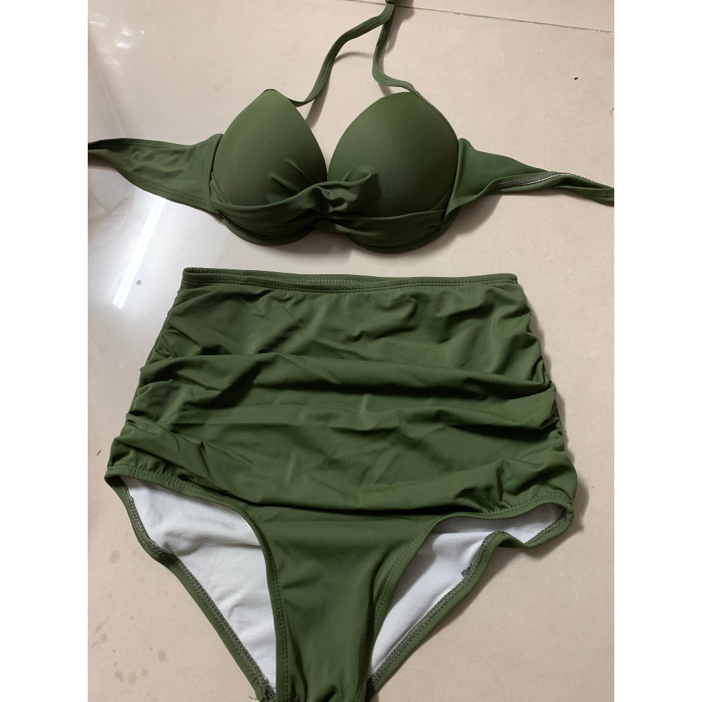 Bikini áo xoắn quần nhún cạp cao xanh rêu