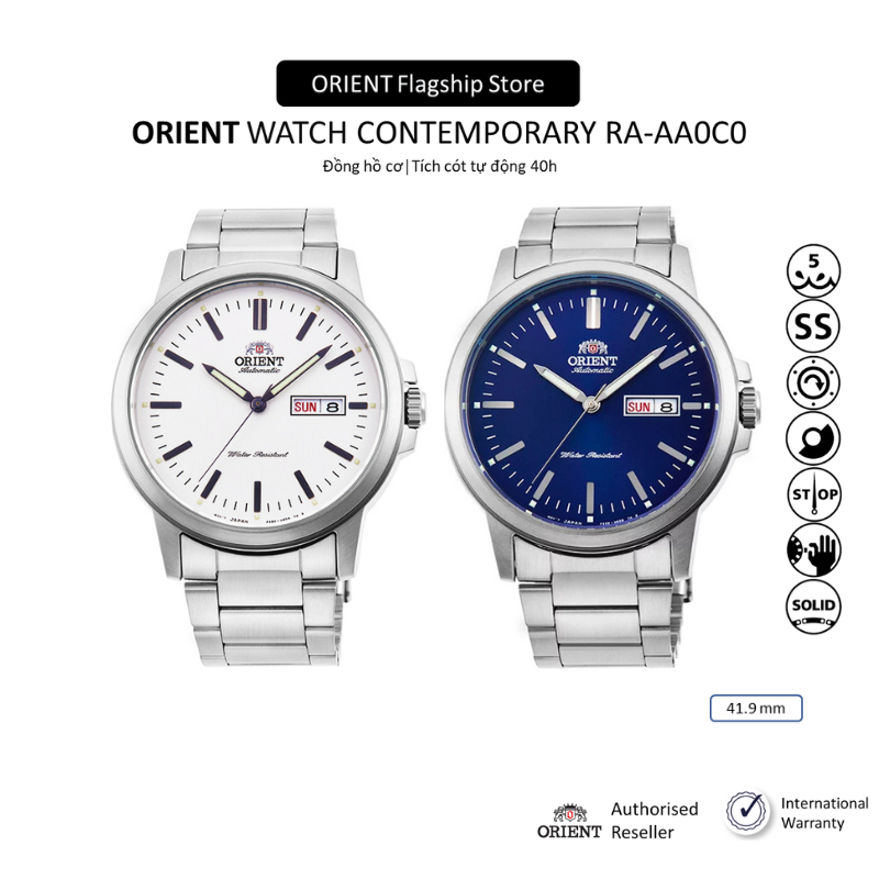 Đồng hồ cơ nam Orient Watch Contemporary RA-AA0C0 máy lộ cơ automatic mặt kính cường lực dây thép đeo tay chính hãng