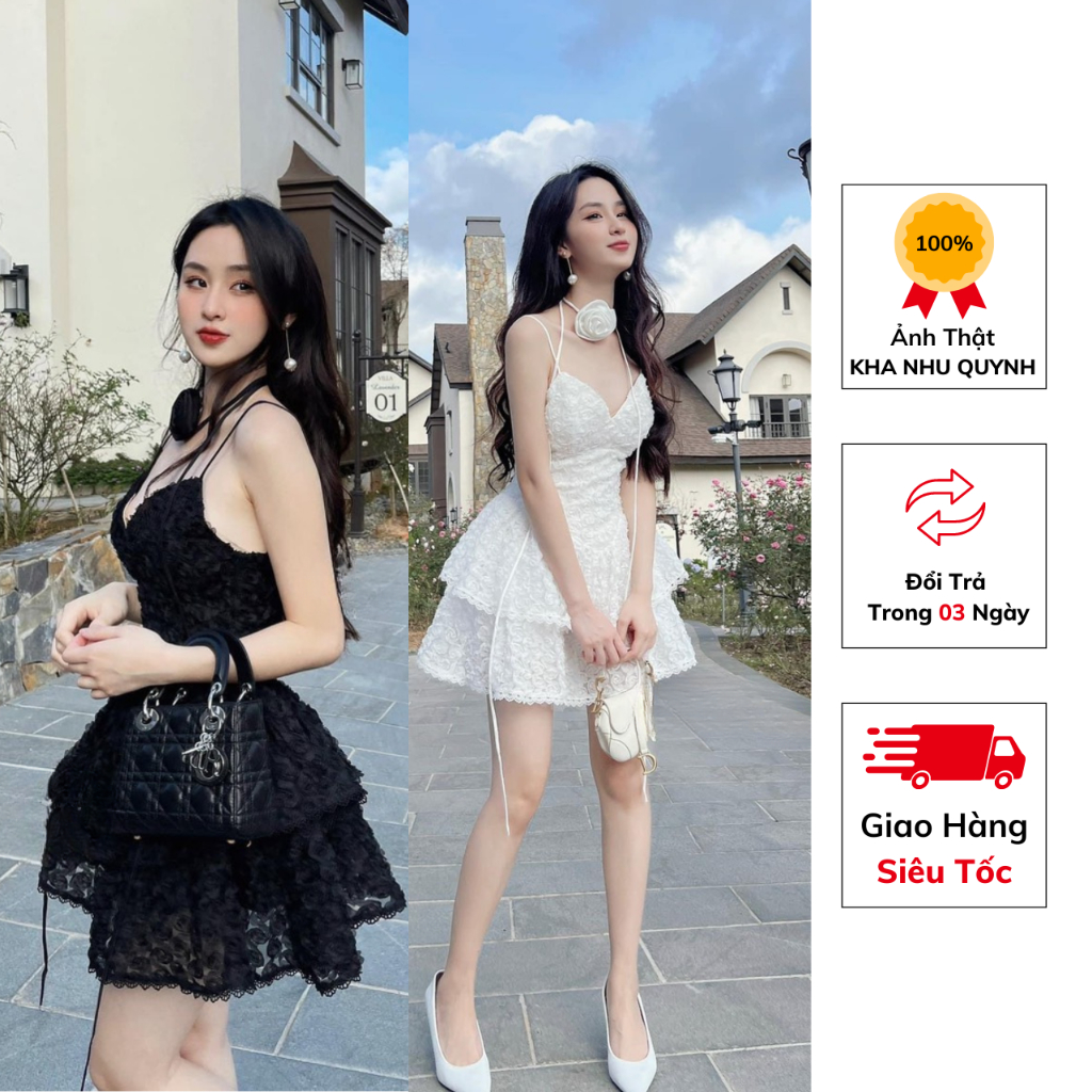 Đầm Nữ Dáng Xoè Tầng Dự Tiệc Sang Chảnh K.N.Q Fashion, Váy Nữ Dáng Ngắn Kèm Dây Hoa Choàng Cổ Thiết Kế Cổ Chữ V | D011