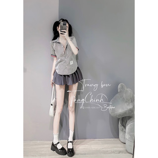 Set áo sơmi kẻ thome váy xếp ly nữ học sinh
