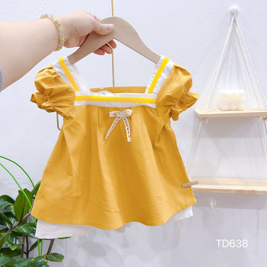 (8-19kg) Bộ cộc tay bé gái, sét bộ áo babydoll cổ may viền đính nơ chất thô mềm cho bé, áo baby doll màu vàng quần trắng
