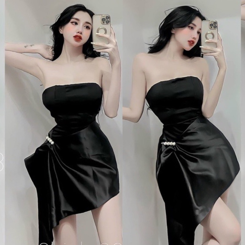 Set Đầm Ống Mút Ngực Body Satin Nhung Tapta Gim Băng Vạt Xéo Đắp Lệch Tà