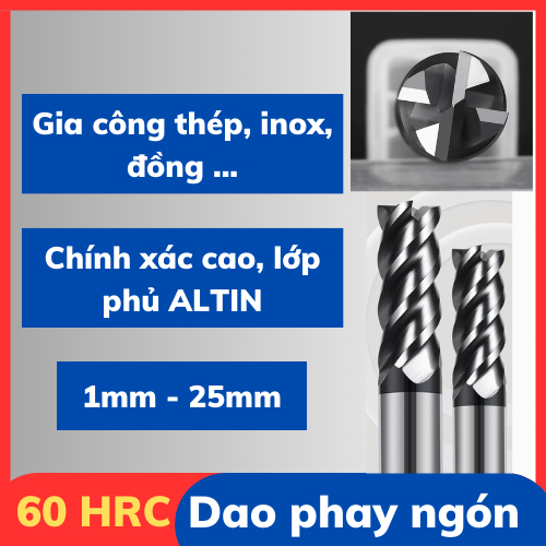 Dao phay ngón Thép, Inox 60HRC Có size từ 1mm đến 25mm