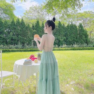 Đầm maxi 2 dây xếp tầng có mút chất liệu xốp chỉ váy dài xòe thích hợp đi biển, dạ hội