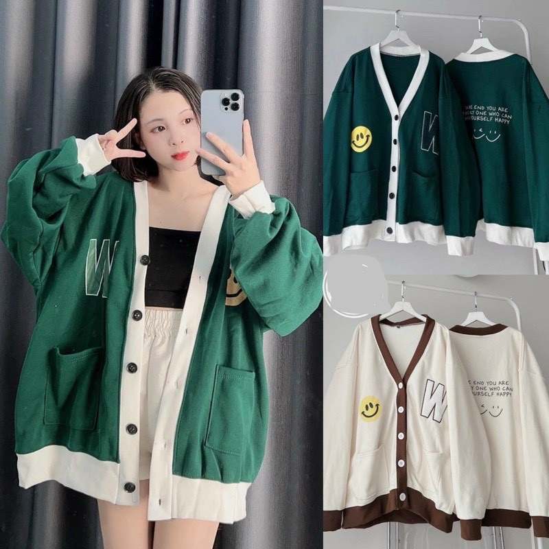 Áo Khoác Cardigan Chữ W mặt Cười Phối màu Form Rộng Nam Nữ Cặp Đôi Couple - Bomber Nỉ Len Chống Nắng