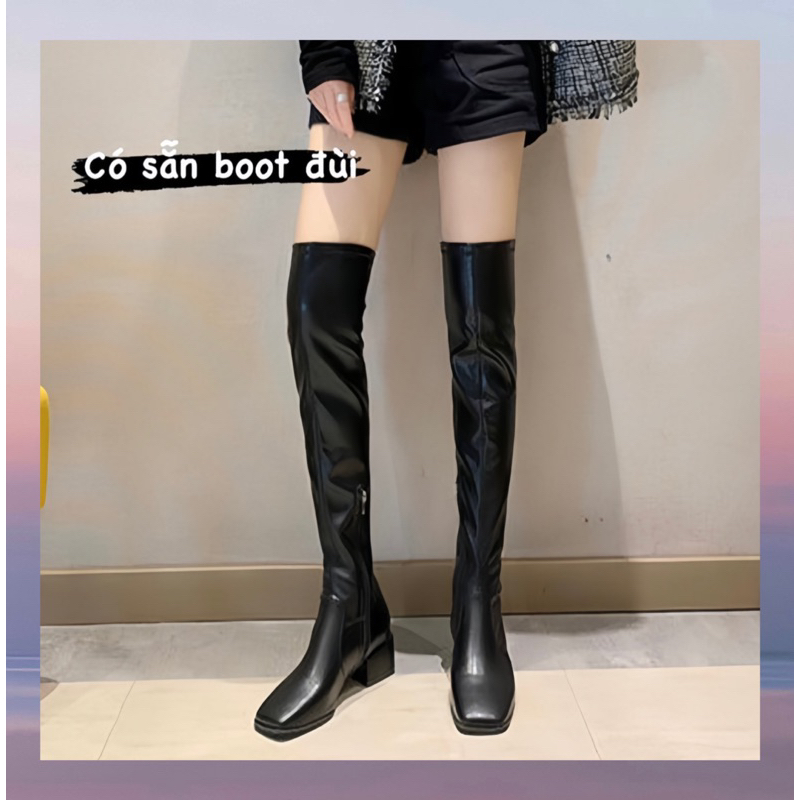 SẴN/ bốt da nữ mõm vuông 😛 CLIP THẬT boot đùi 🖤 giày da cao cổ