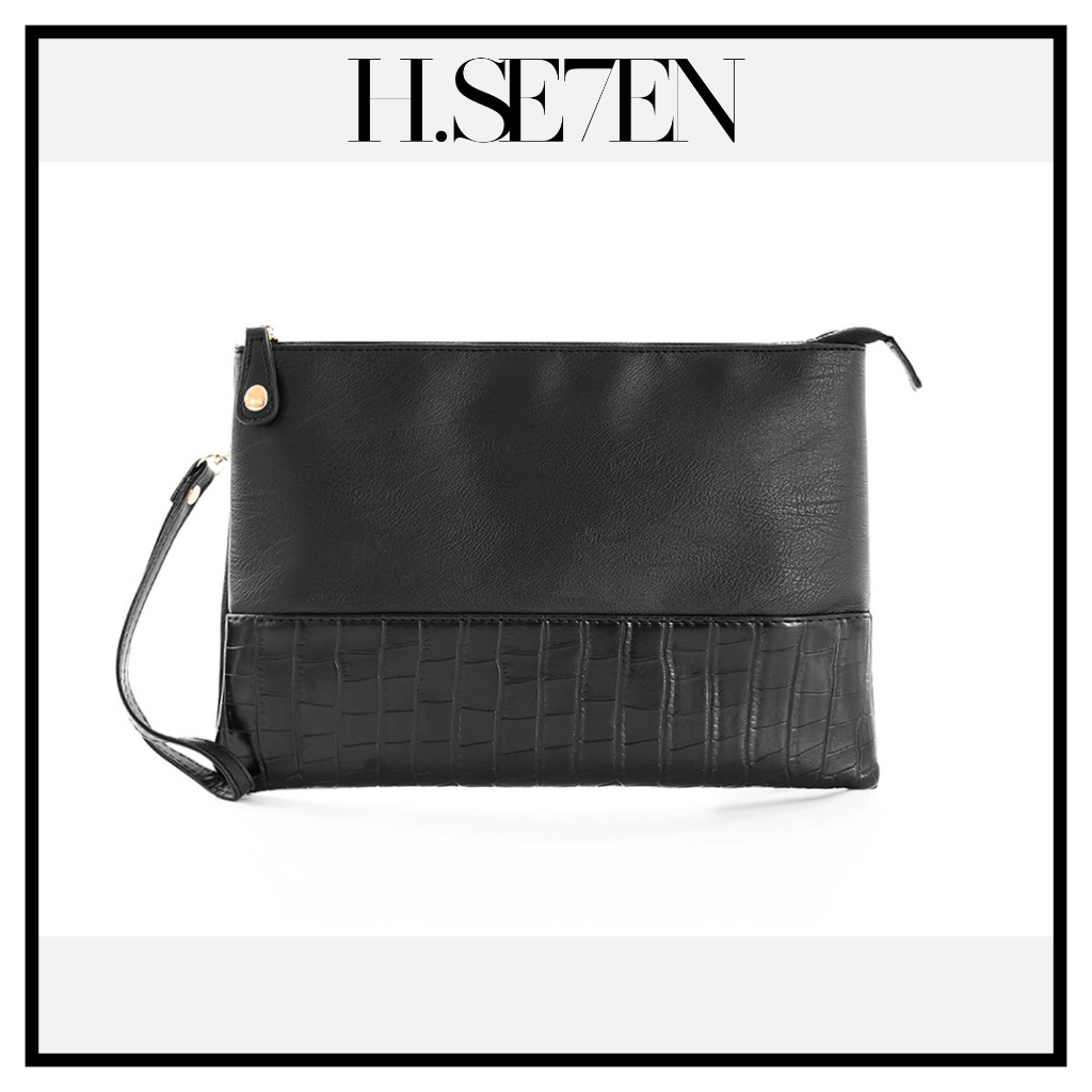 TÚI CẦM TAY NAM NỮ DA PU ĐEN VÂN DA CÁ SẤU KHOÁ KÉO VÀNG THỜI TRANG | BigBuy360 - bigbuy360.vn