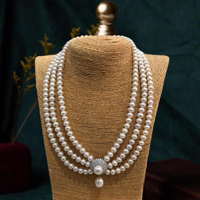 Chuỗi Đeo Cổ Ngọc Trai 3 Tầng Phụ Kiện Bằng Bạc Size 7ly - Ngọc Trai Trường Thịnh