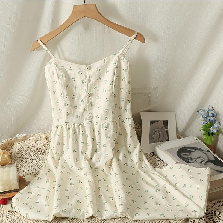 Váy Hai Dây Hoa Nhí Chun Lưng Hình Quả Cherry V72 Hàng Quảng Châu