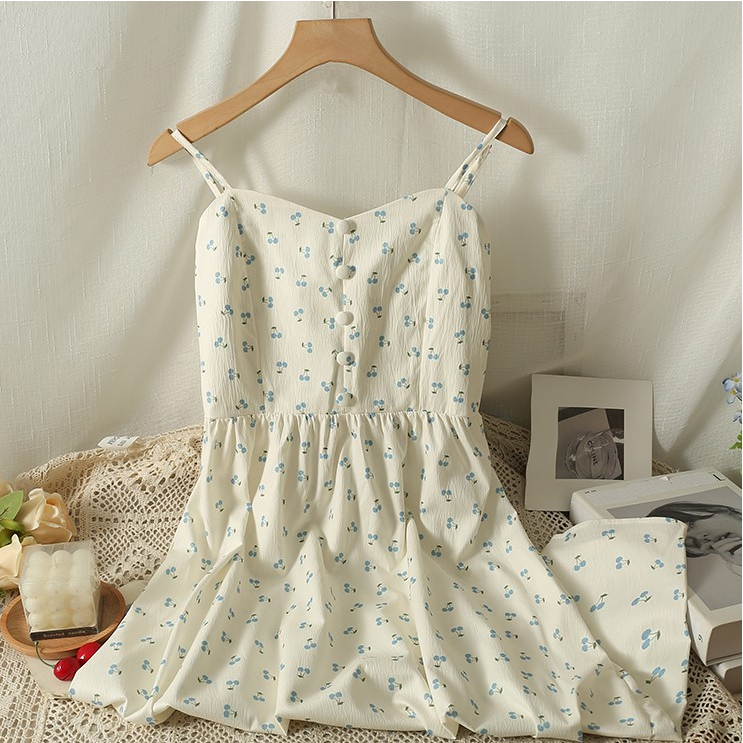 Váy Hai Dây Hoa Nhí Chun Lưng Hình Quả Cherry V72 Hàng Quảng Châu