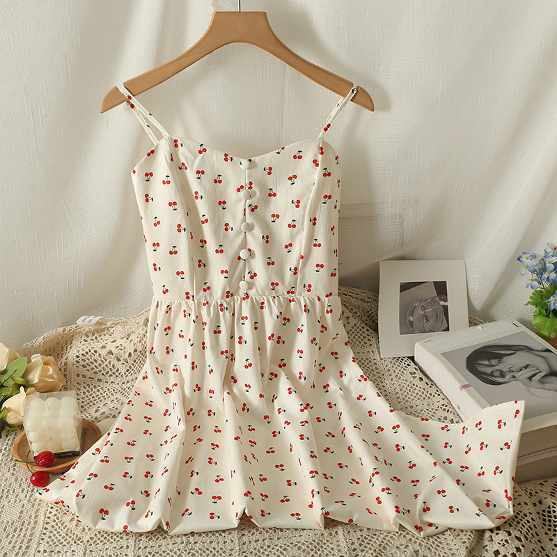Váy Hai Dây Hoa Nhí Chun Lưng Hình Quả Cherry V72 Hàng Quảng Châu