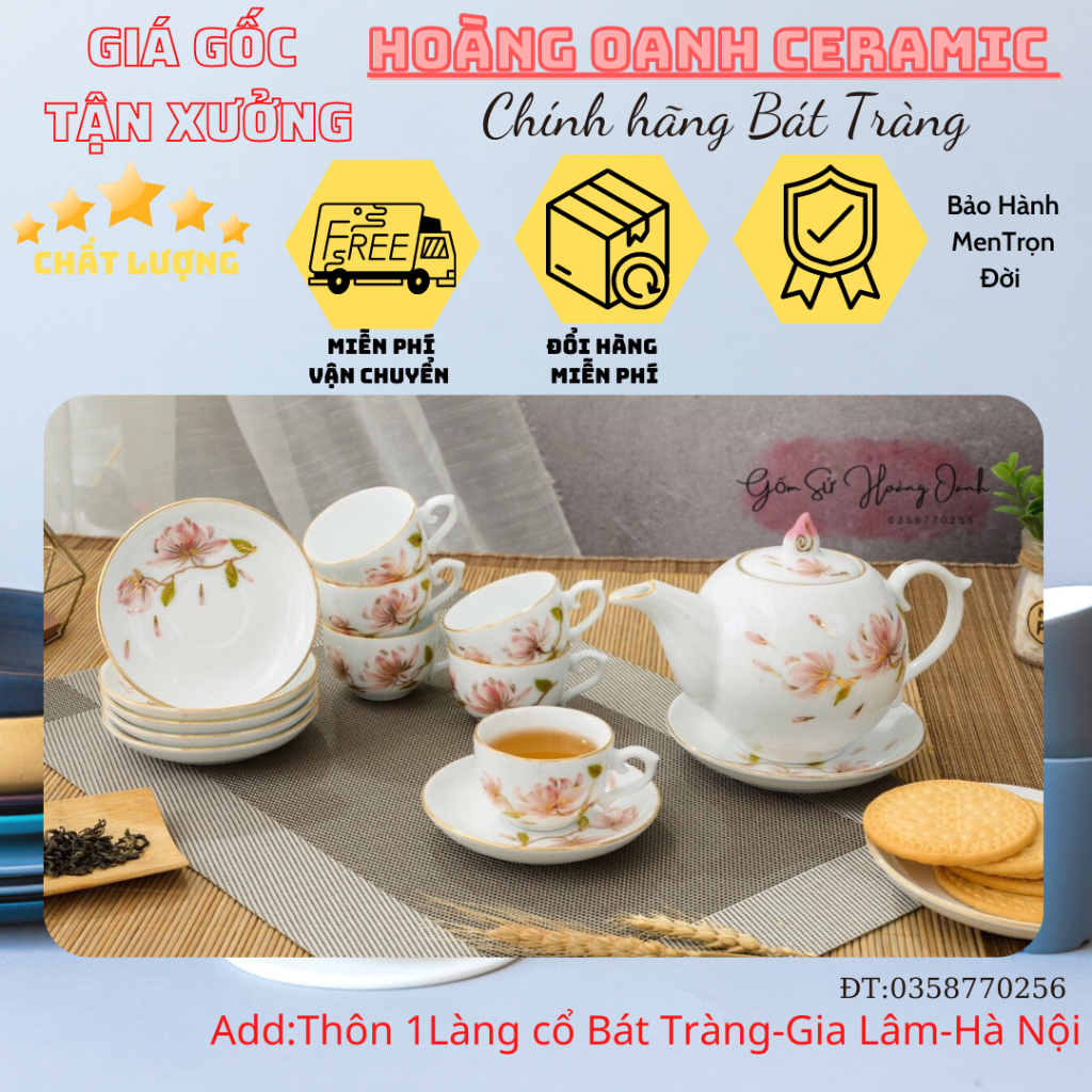 (CHỌN MẪU)Bộ Ấm Chén Pha Trà-hàng nhà lò chuẩn Bát Tràng - men Trắng,viền Vàng,vẽ Hoa Sen,Hoa Đào,Trúc-bộ Chóp