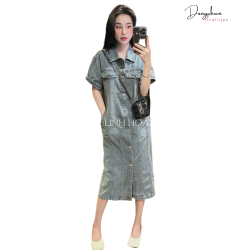 Váy sơmi bò suông dáng dài qua gối tay ngắn xẻ tà hàng Quảng Châu - Anna.Store