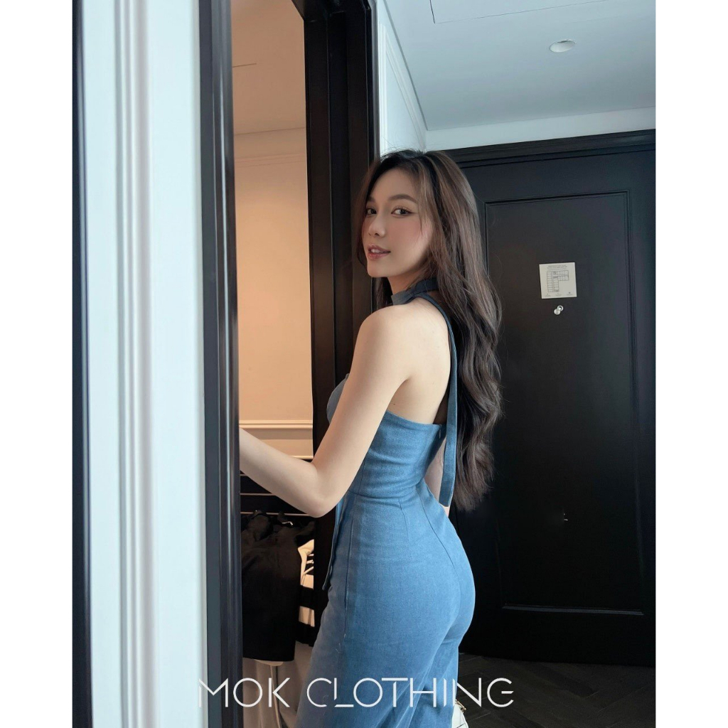 Set đồ jumpsuit jean cúp ngực phối dây buộc cổ dáng quần dài ống loe siêu sang chảnh quý phái hàng thiết kế cao cấp