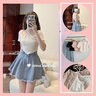 (Ảnh Thật) Áo Croptop Xốp Nhăn Sóng Cổ Yếm Hèo Chinh Chắn