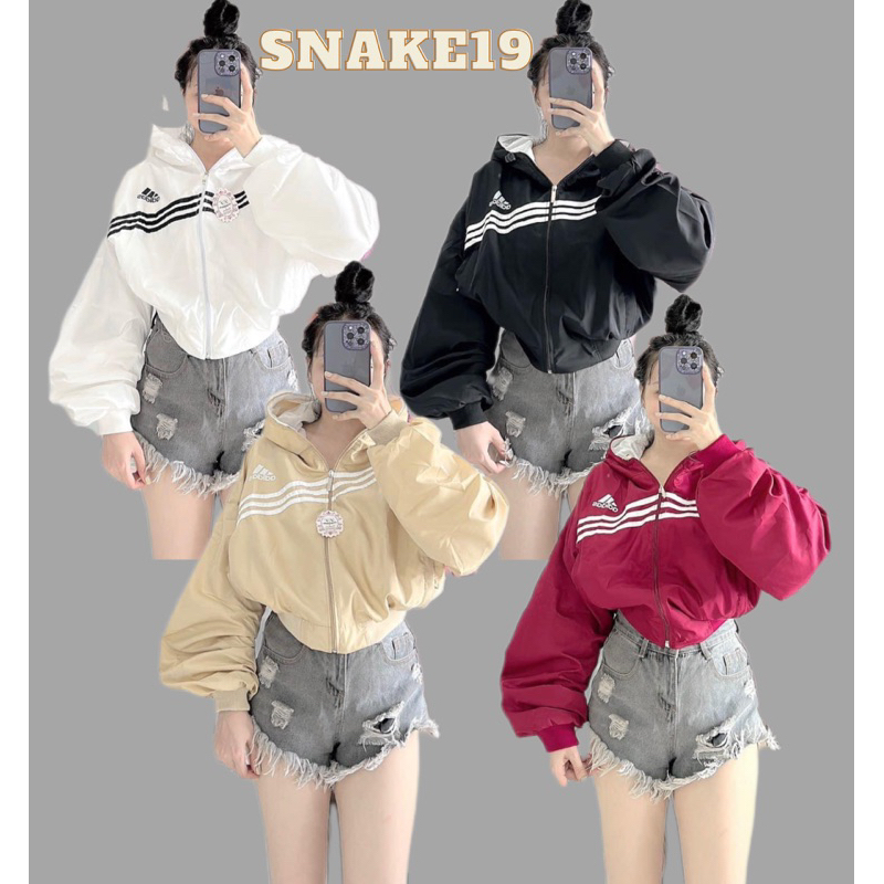 (CHÍNH CHỦ ) Áo khoác dù nữ dáng lửng cánh dơi sọc ngang ngực logo adidass có mũ form rộng chất dù 2 lớp dày dặn (RM05)