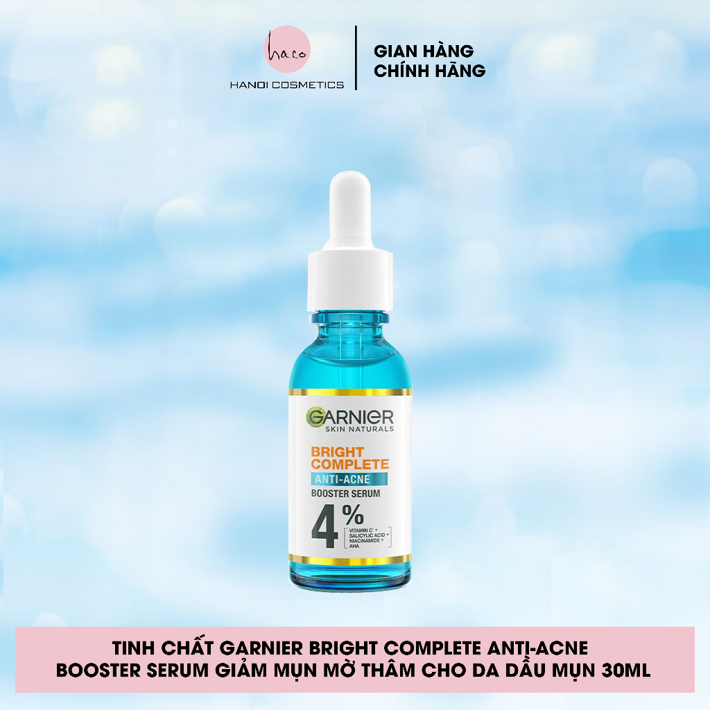 Dưỡng chất cho da dầu mụn Garnier Bright Complete Anti-Acnes Booster Serum 4% [Niacinamide, BHA, AHA, Vitamin C] 30ml