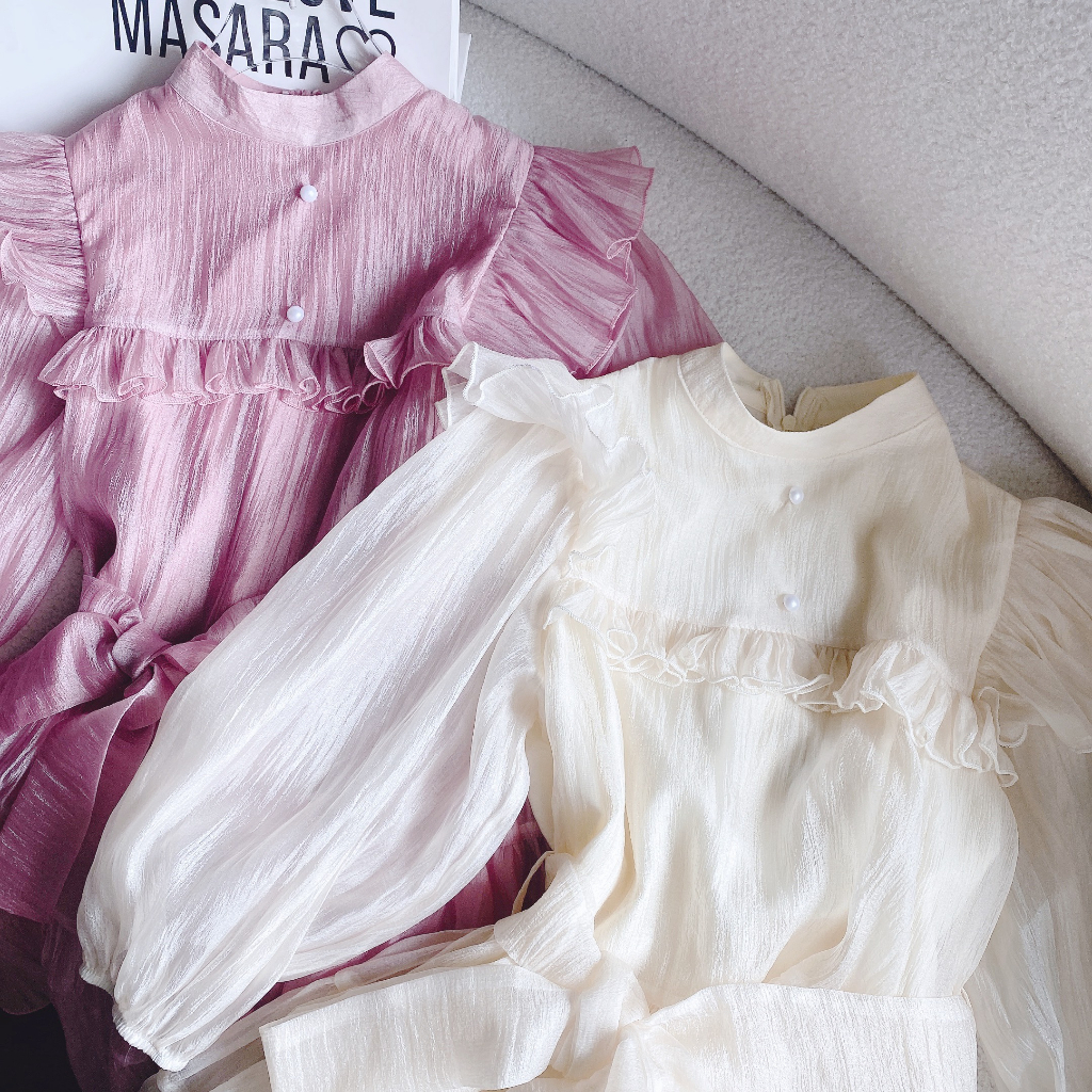 Đầm voan xếp ly tay phồng thắt eo💖 KÈM ẢNH THẬT