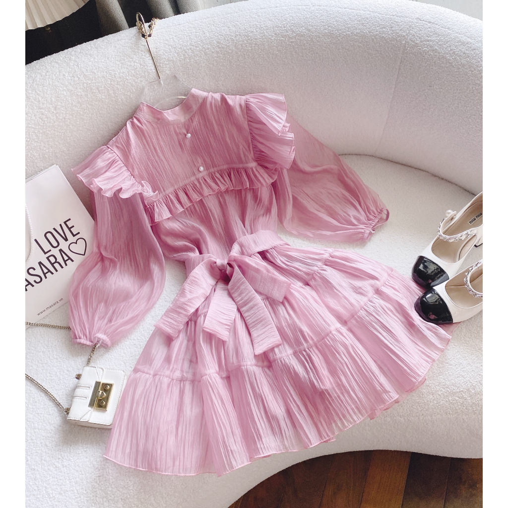 Đầm voan xếp ly tay phồng thắt eo💖 KÈM ẢNH THẬT