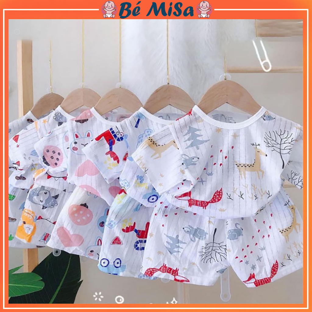 Bộ quần áo cotton giấy cho bé từ 3-14kg BEMISA cộc tay cúc cài vai in hình dễ thương