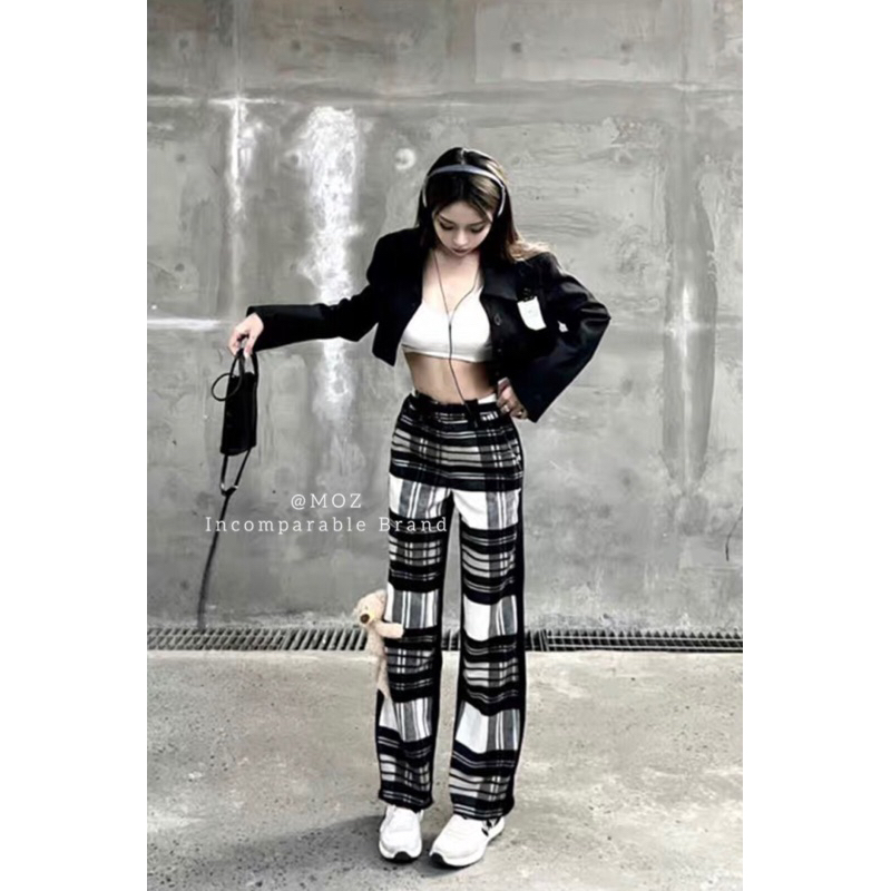 Quần jean pha kẻ kèm gấu