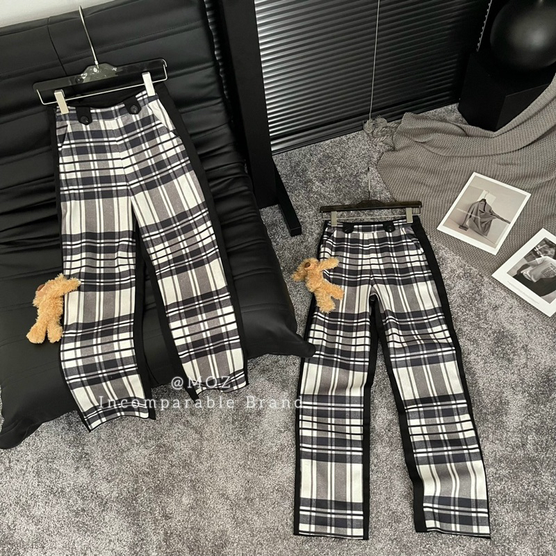 Quần jean pha kẻ kèm gấu