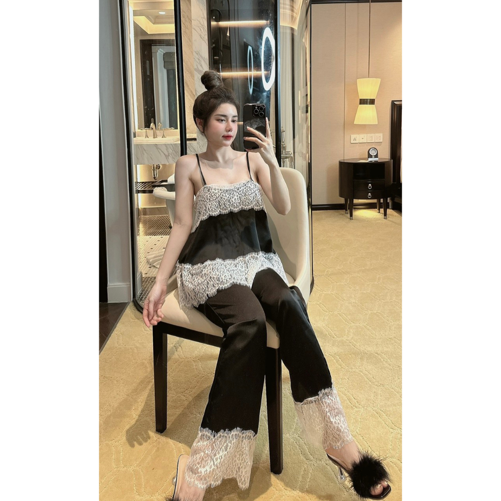 Set Đồ Ngủ Áo 2 Dây &amp; Quần Phối Ren Lụa Latin Siêu Cưng Freesize