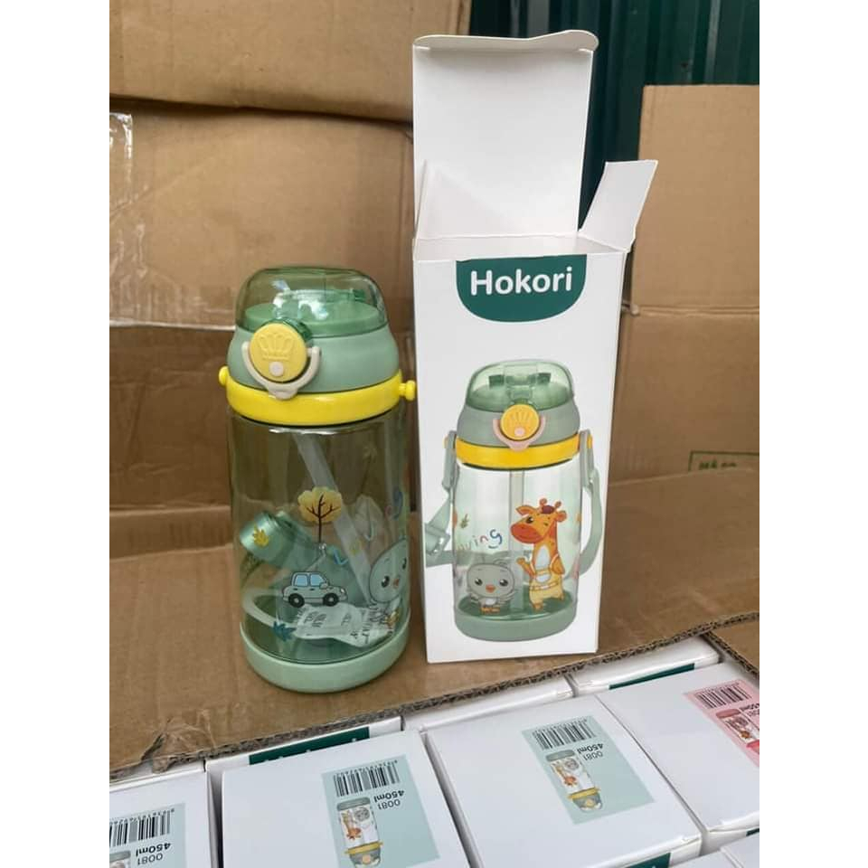 Bình Nước Trẻ Em Có Ống Hút, Bình Nước Đi Học Cho Bé Hokori 450ml Nhựa PP, Silicon Chính Hãng Việt Nhật VilaHome
