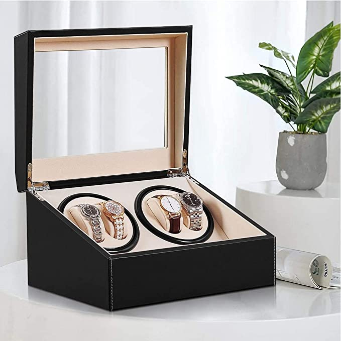 Hộp đồng hồ xoay Hộp đựng đồng hồ cơ quay tự động bọc da PU cao cấp 4 đồng hồ và 6 khay trưng bày