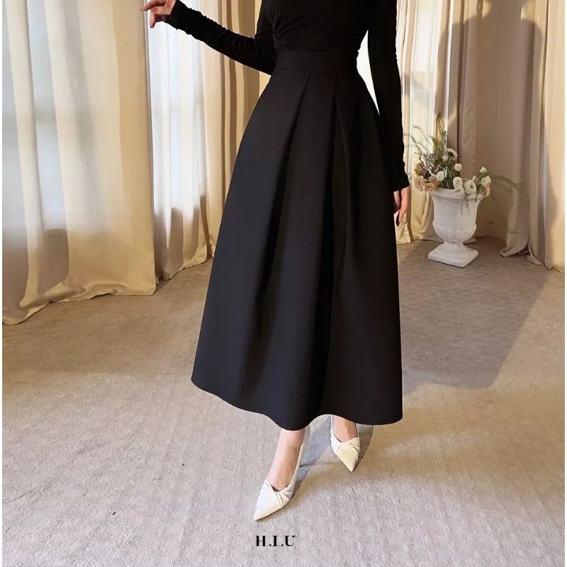 Chân váy nữ kaki midi xếp ly vạt chéo dáng dài ANER H.I.U Fashion