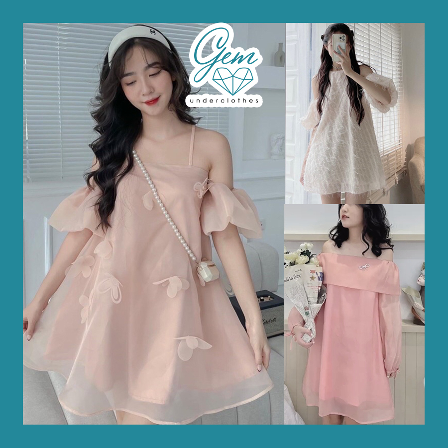 Váy trễ vai đầm tiểu thư công chúa bánh bèo Gem Lin đen be trắng