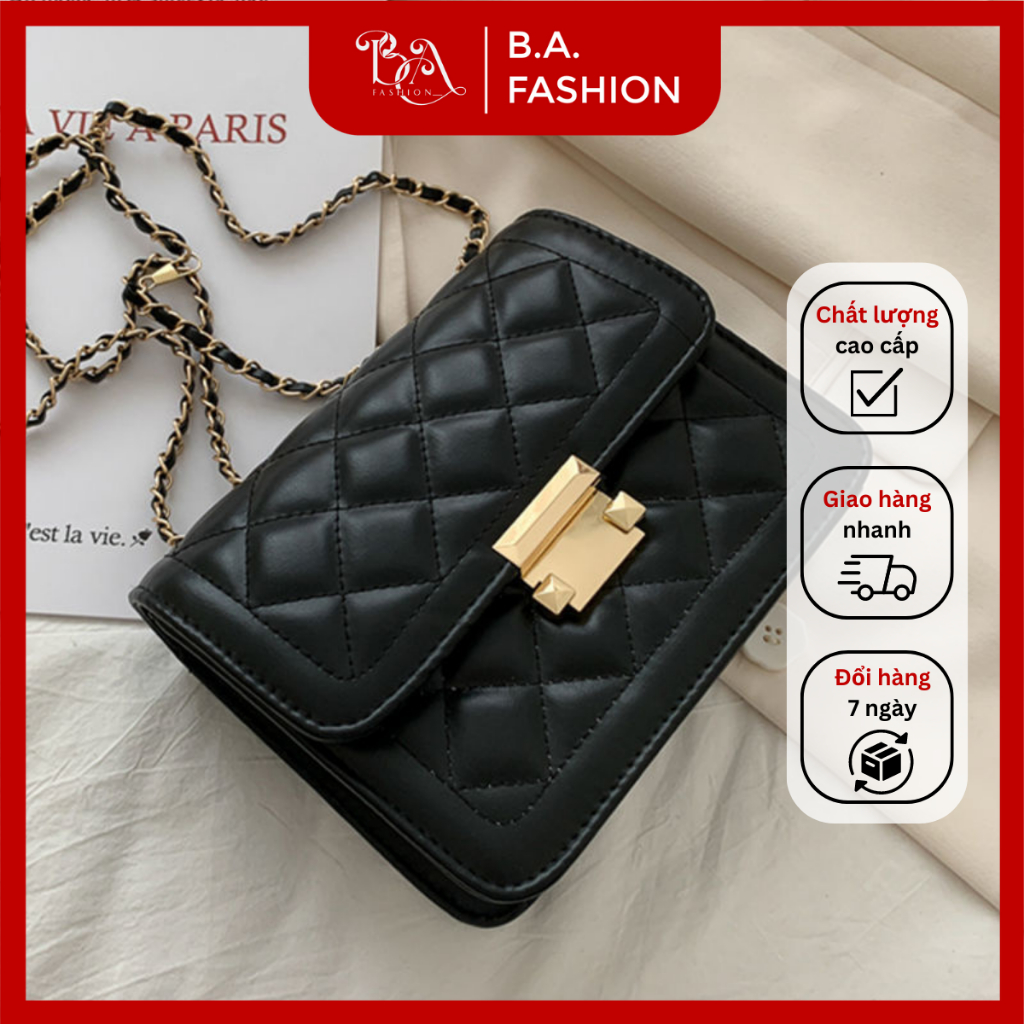 Túi nữ đeo vai, quai chéo phối đẹp mắt da PU cao cấp dập nổi caro khóa mạ vàng sang trọng BAFASHION | BA28