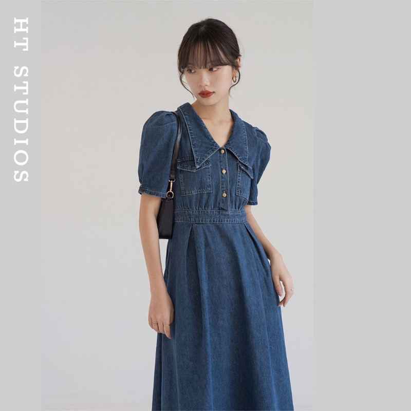 Váy jeans demin nữ mùa hè thiết kế mới 2023 tay phồng dáng dài cho nữ phong cách retro thanh lịch