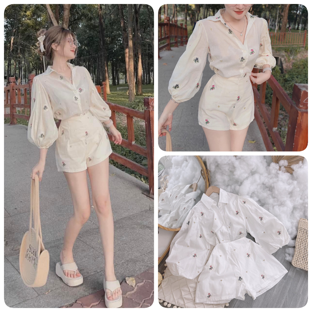 SET ÁO SƠ MI XÔ THÊU HOA TAY BO + QUẦN SHORT