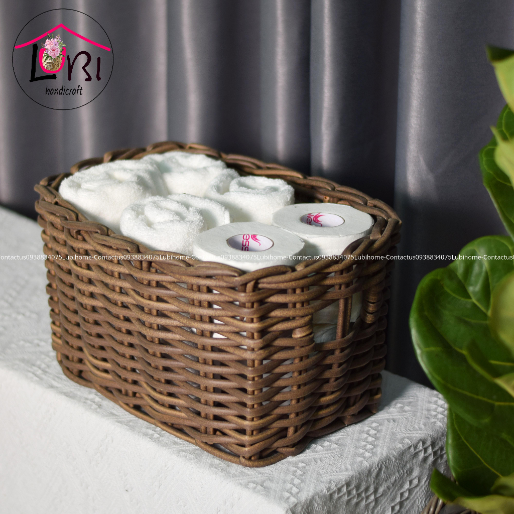 - Sọt đựng đồ đan nhựa giả mây hình chữ nhật màu nâu choco - đẹp, sang trọng